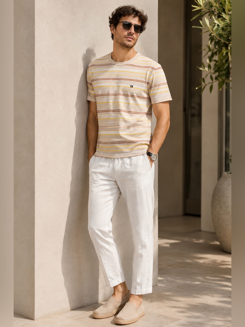Scotch & Soda Peach Multi Stripe Crewneck T-Shirt Men's Casual Logo Tee